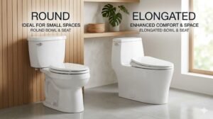 Comparison of round vs elongated toilet seats showing differences in shape, comfort, and size for bathroom selection