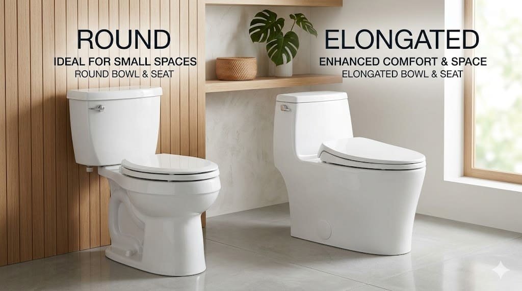 Comparison of round vs elongated toilet seats showing differences in shape, comfort, and size for bathroom selection