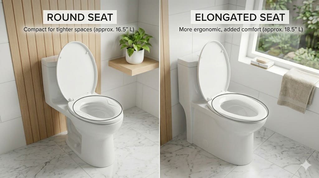 Side-by-side comparison of round and elongated toilet seats in a bathroom setting
