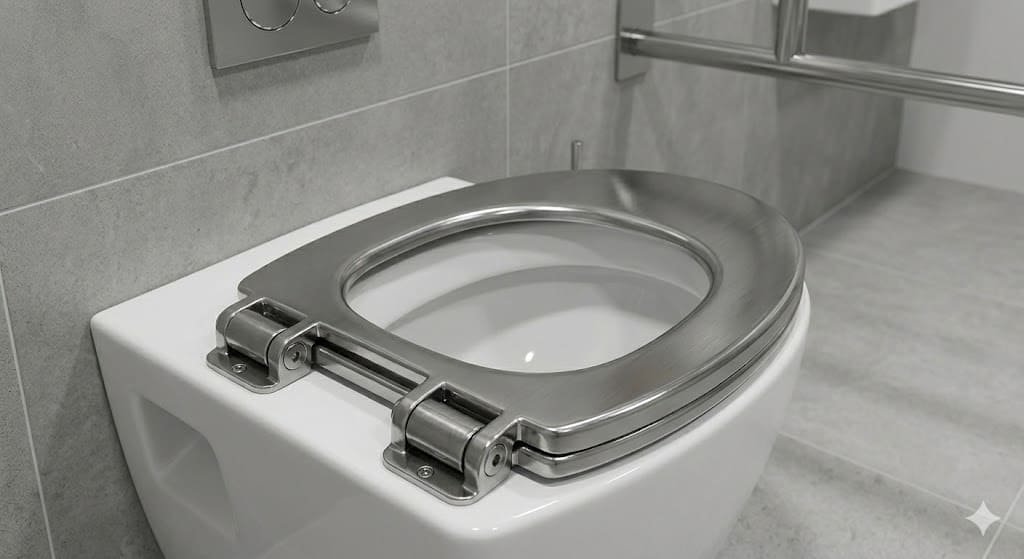 Modern stainless steel toilet seat in a commercial bathroom