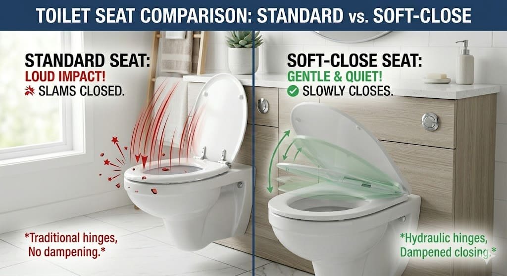 Side-by-side comparison of standard and soft-close toilet seats showing design and functionality differences