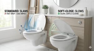 Comparison of standard vs soft-close toilet seats showing differences in design, comfort, noise, and functionality