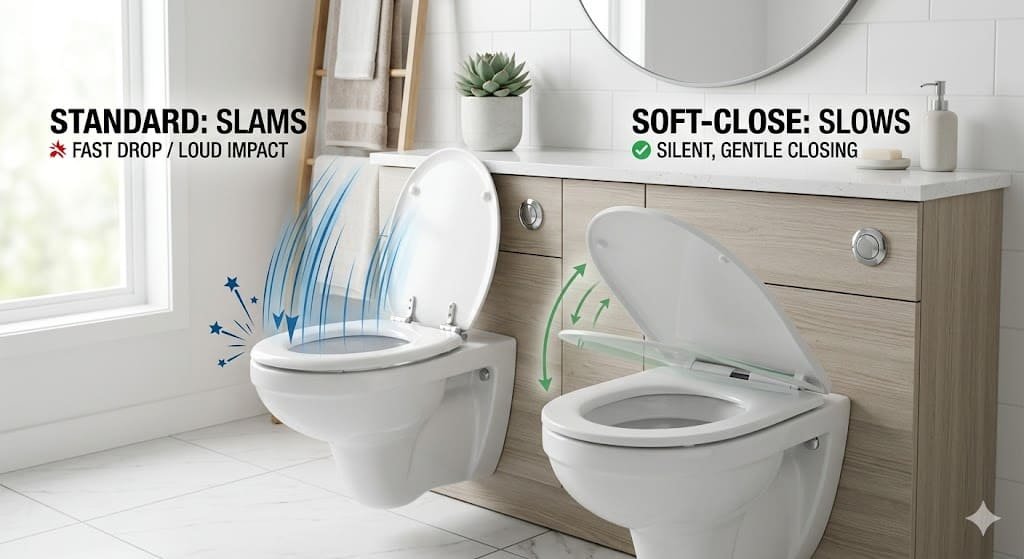 Comparison of standard vs soft-close toilet seats showing differences in design, comfort, noise, and functionality