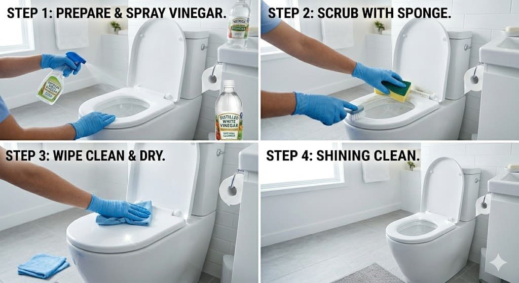 Step-by-step demonstration of cleaning toilet seat using gloves, spray, and sponge to remove bad smell