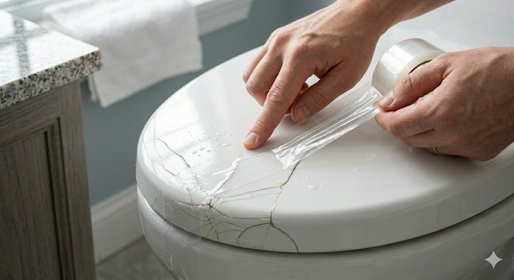 Waterproof tape applied on cracked toilet seat as temporary repair solution