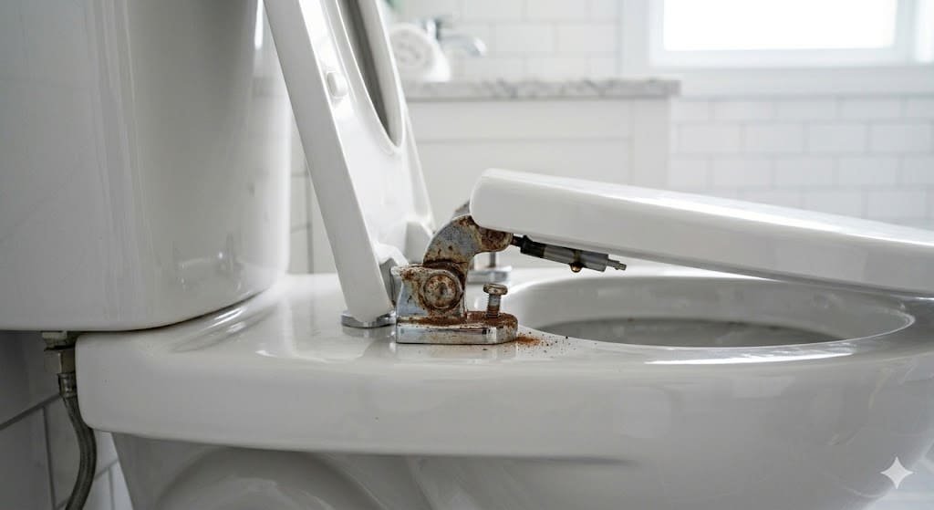 Close-up of loose and worn toilet seat hinge causing seat to fall down.