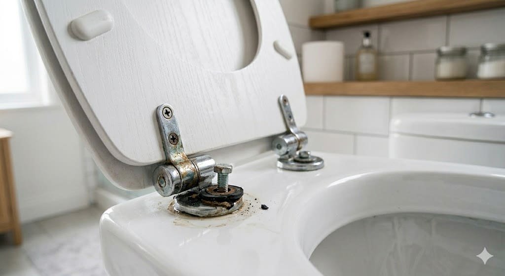 Loose toilet seat hinges and worn washers causing squeaking noises