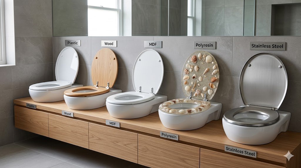 Different toilet seat materials including plastic, wood, MDF, polyresin, and stainless steel