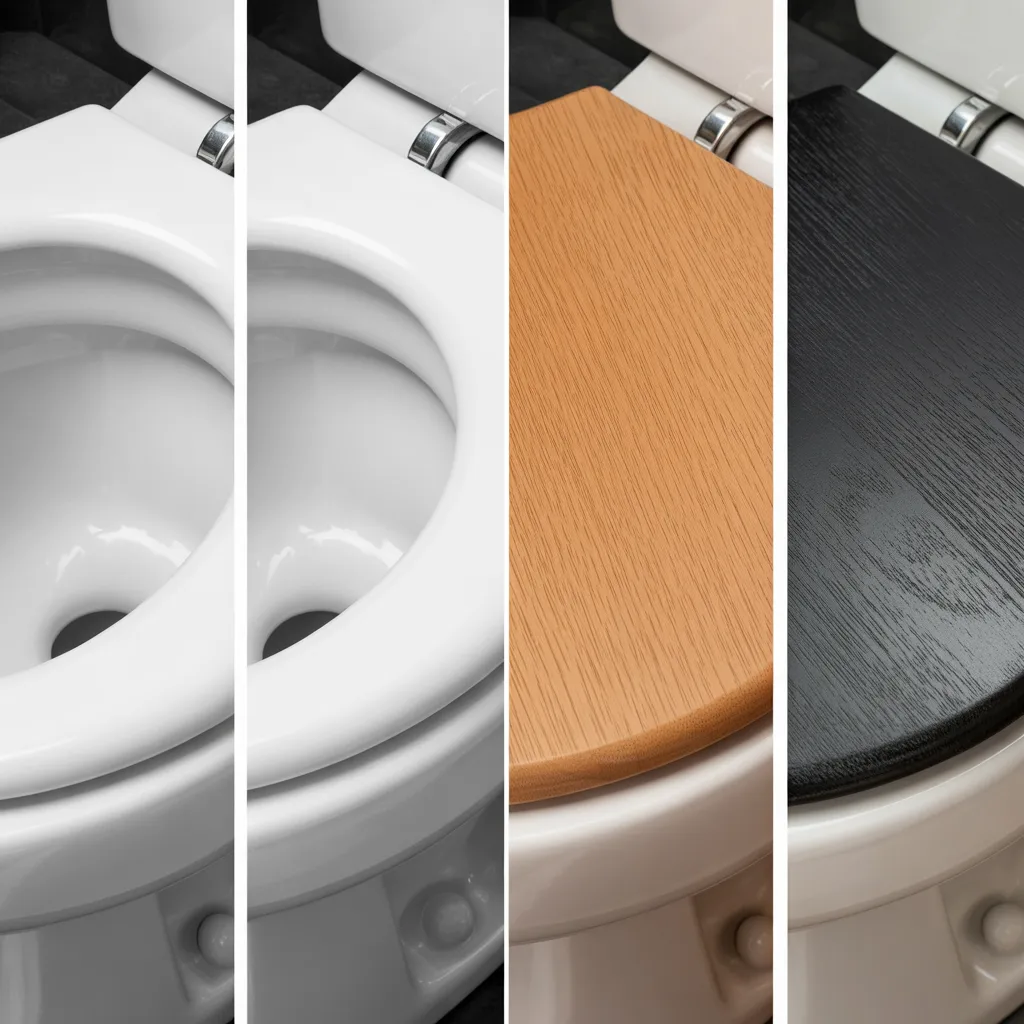 comparison of toilet seat materials plastic wood and thermoset close up view