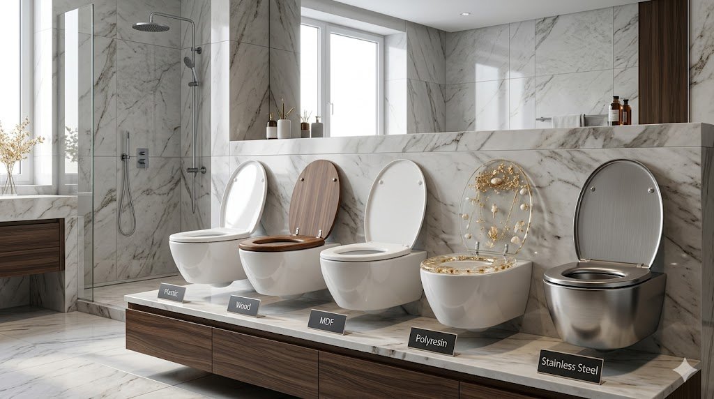 Toilet seat materials explained with plastic, wood, MDF, polyresin, and stainless steel options
