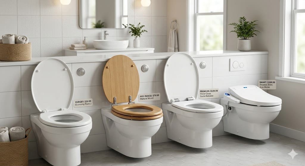 Toilet seat price guide showing different types, materials, and price ranges including budget, mid-range, and premium toilet seats in a modern bathroom setting.