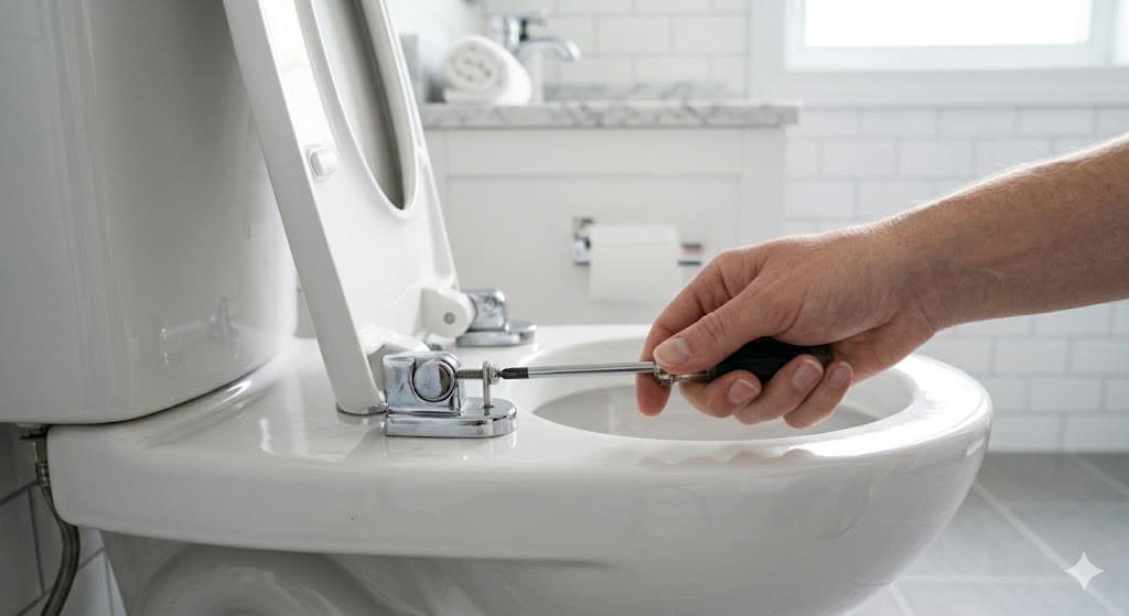 Tightening toilet seat hinge bolts to fix a seat that won’t stay up.