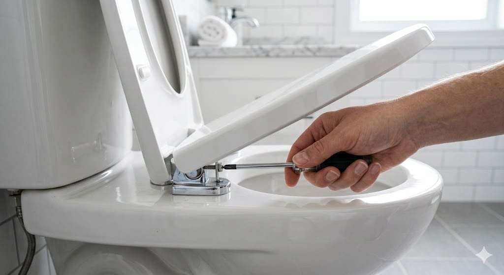 Hand tightening toilet seat hinges to fix a seat that won’t stay up in a clean bathroom.