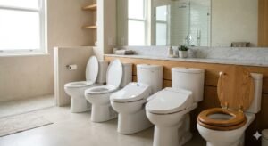 Different types of toilet seats displayed in a modern bathroom