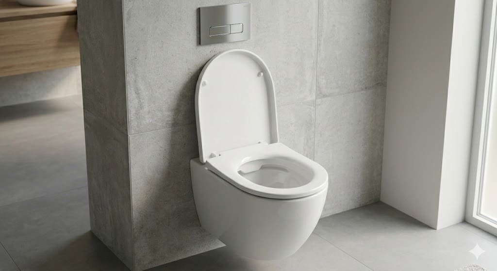 D-shaped toilet seat installed on a modern wall-hung toilet in a clean bathroom