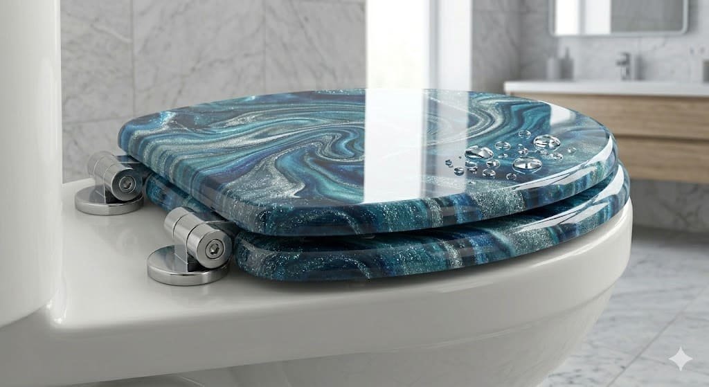 Decorative polyresin toilet seat in a modern bathroom