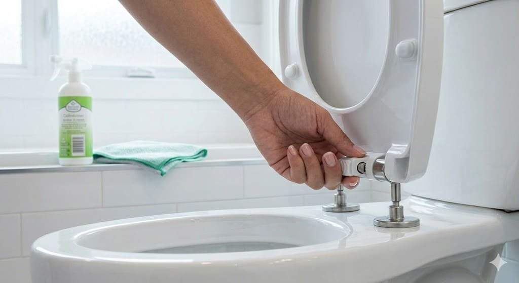 Modern quick-release toilet seat being removed for cleaning