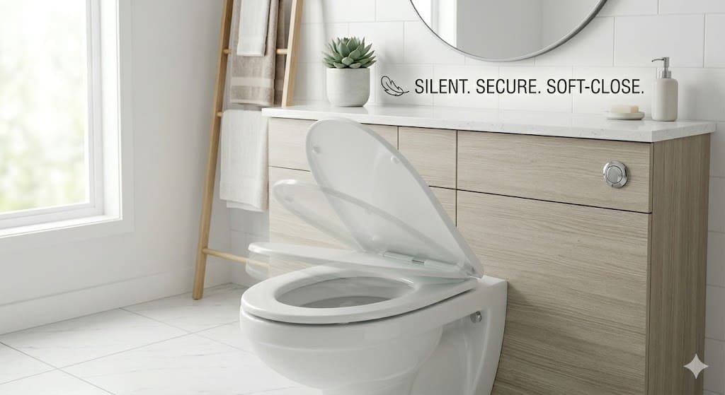 Modern soft-close toilet seat gently closing with smooth motion in a stylish bathroom