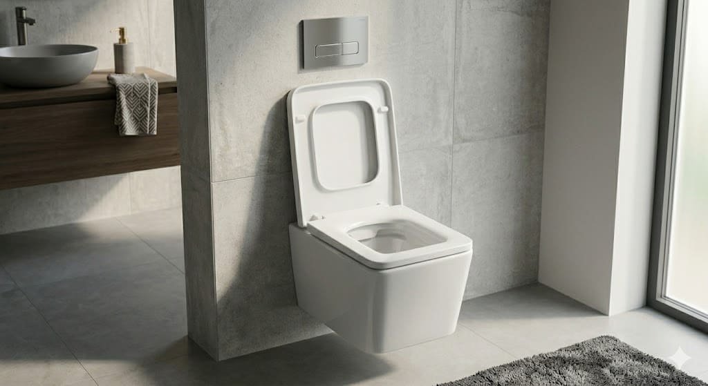 Square toilet seat with sharp edges installed in a modern stylish bathroom