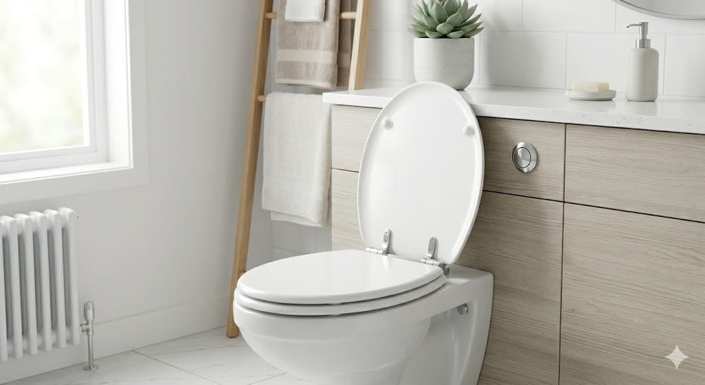 Basic standard toilet seat with simple hinge design in a clean bathroom setting