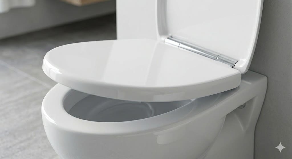 Modern plastic toilet seat installed on a toilet showing smooth and hygienic design