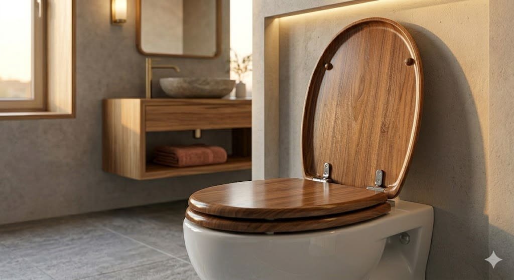 Wooden toilet seat with polished finish installed in a modern bathroom