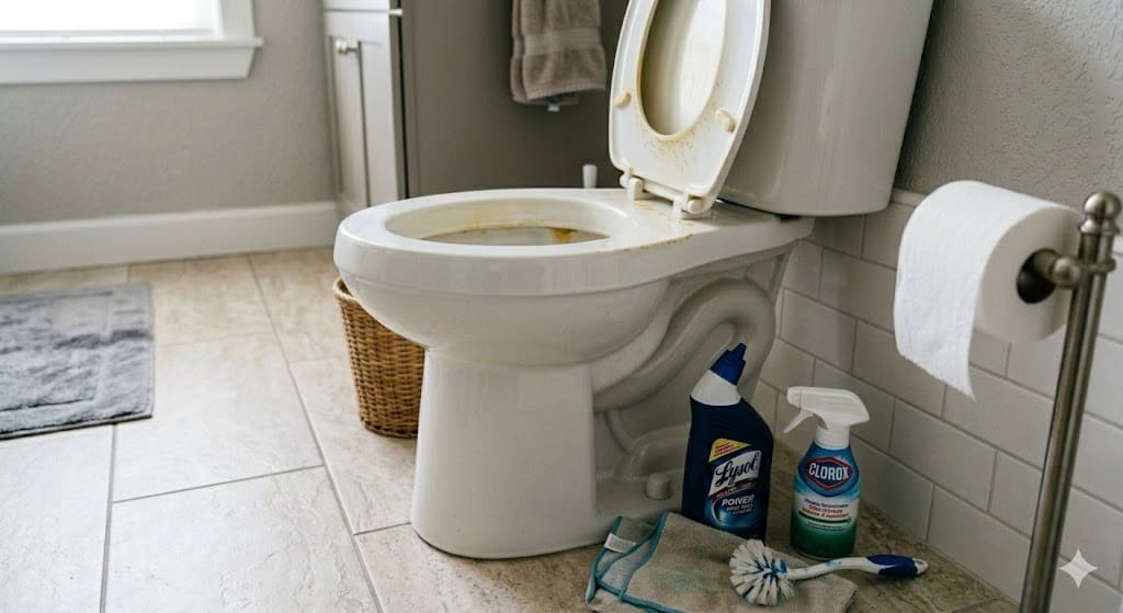 Discoloured toilet seat with yellow stains in a modern bathroom