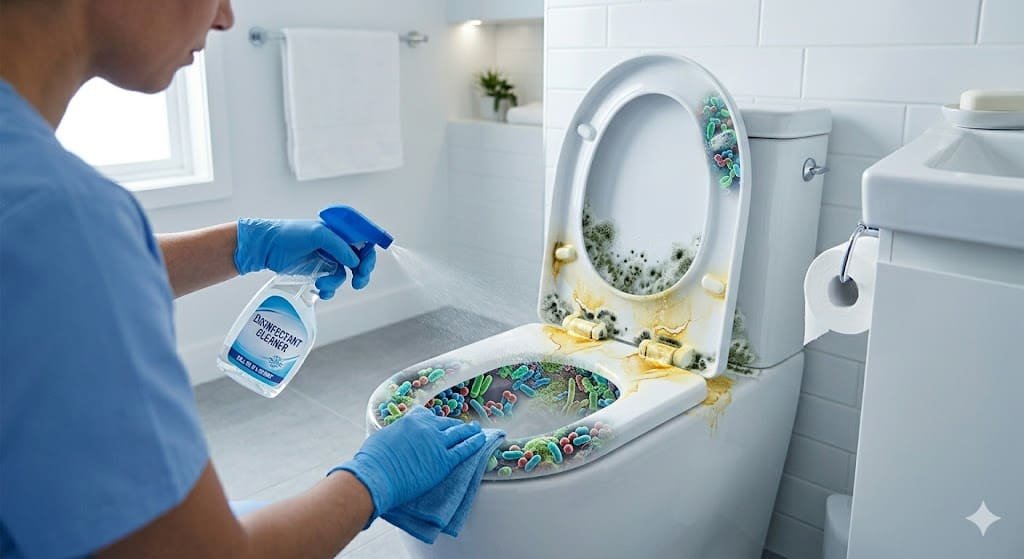 Illustration showing bacteria, urine stains, and mould as causes of bad smell in a toilet seat