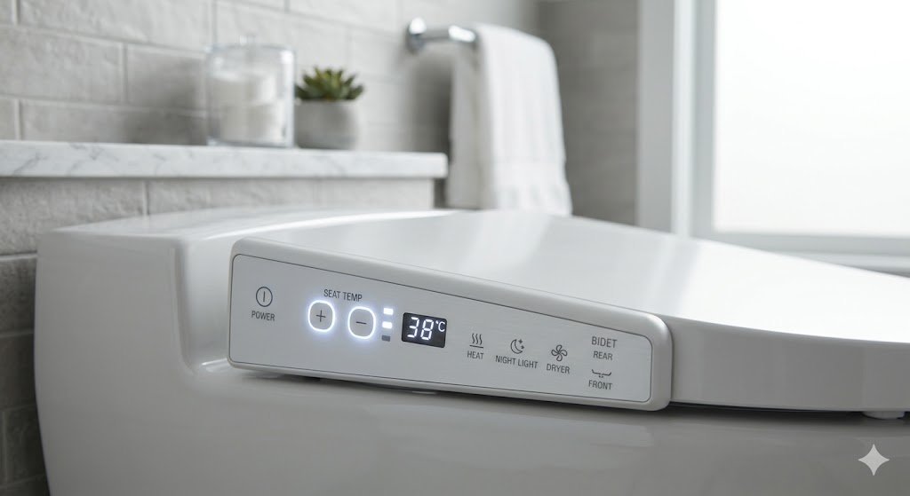 Heated toilet seat control panel showing temperature settings and night light feature