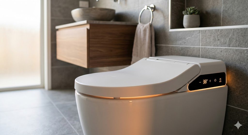 Modern heated toilet seat in a bathroom showing warm seating feature and digital controls