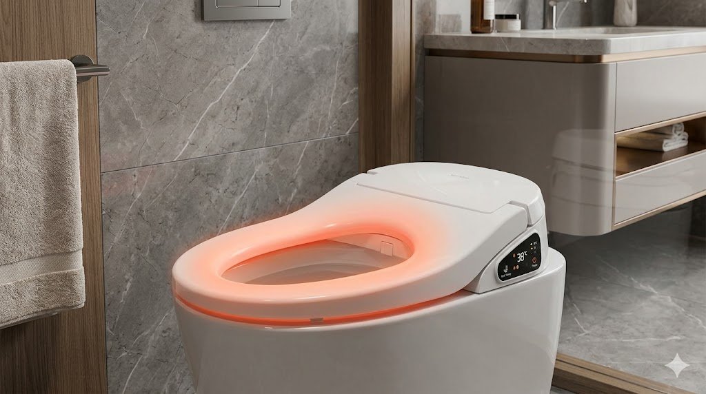Heated toilet seat with temperature control panel showing warm comfort feature in a modern bathroom