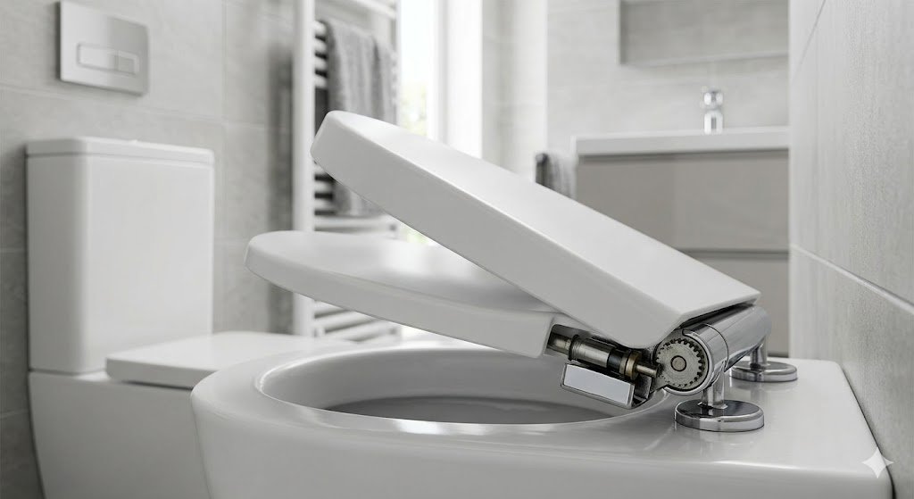Soft-close toilet seat hinge mechanism controlling slow and quiet closing