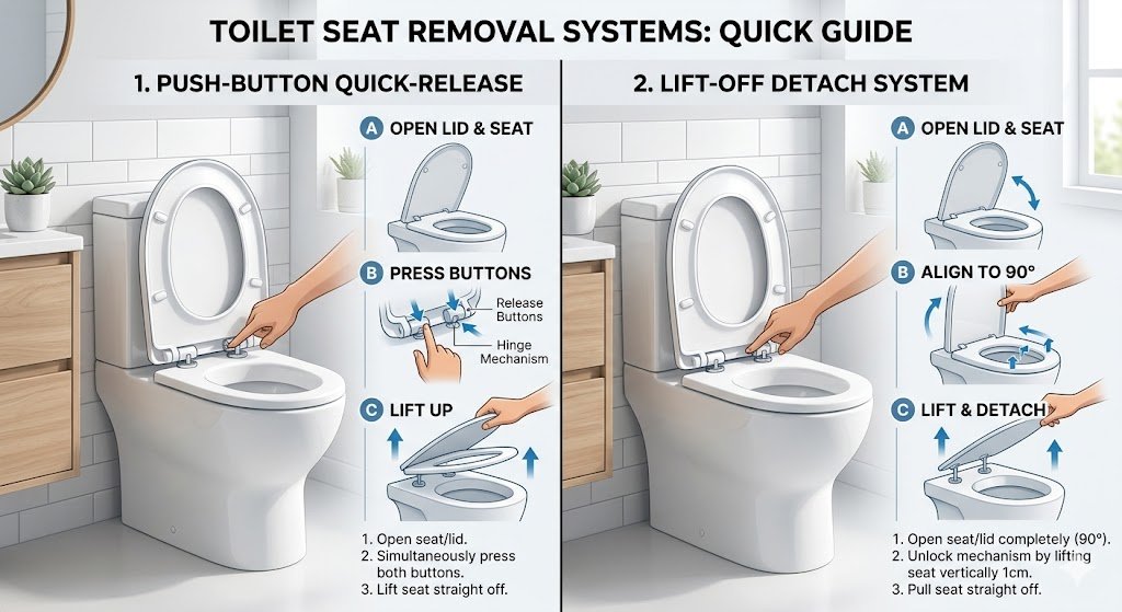 Diagram-style image showing push-button and lift-off quick-release toilet seat mechanisms