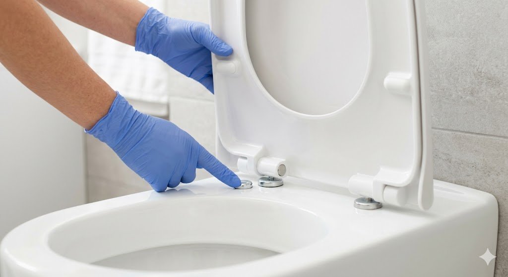 Hands removing a quick-release toilet seat from its hinge system for easy cleaning in a modern bathroom