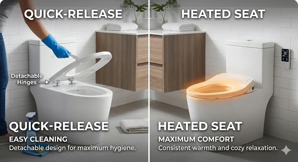 Side-by-side comparison of quick-release toilet seat cleaning and heated toilet seat comfort feature in split bathroom view