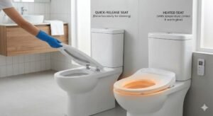Comparison of quick-release toilet seat being removed for cleaning and heated toilet seat with warm comfort feature in a modern bathroom
