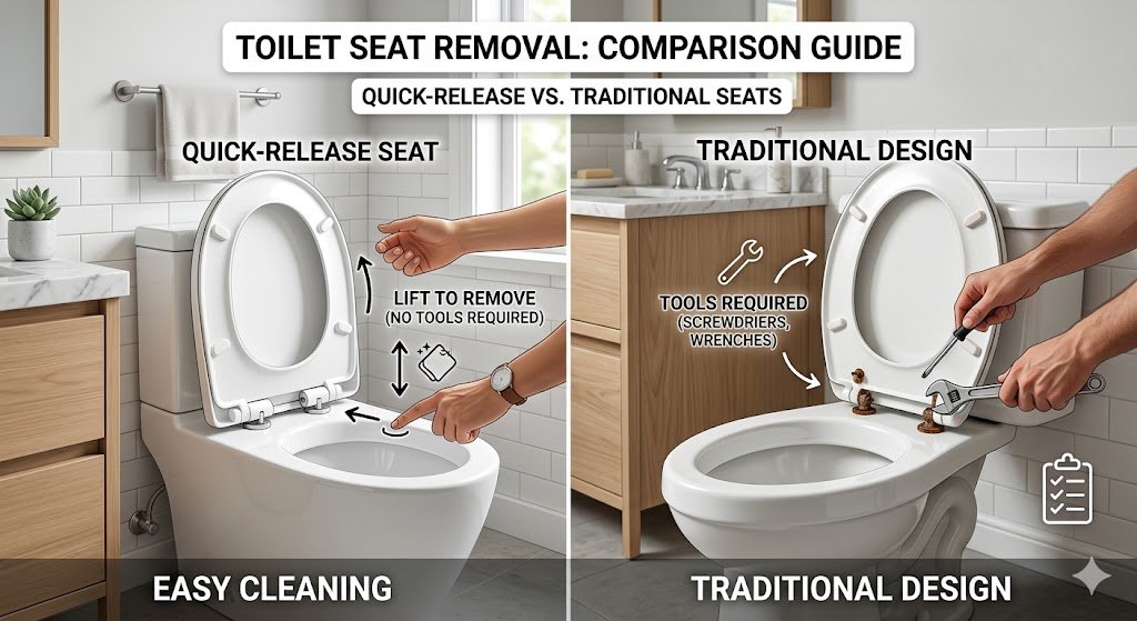 Side-by-side comparison of quick-release toilet seat and traditional fixed toilet seat