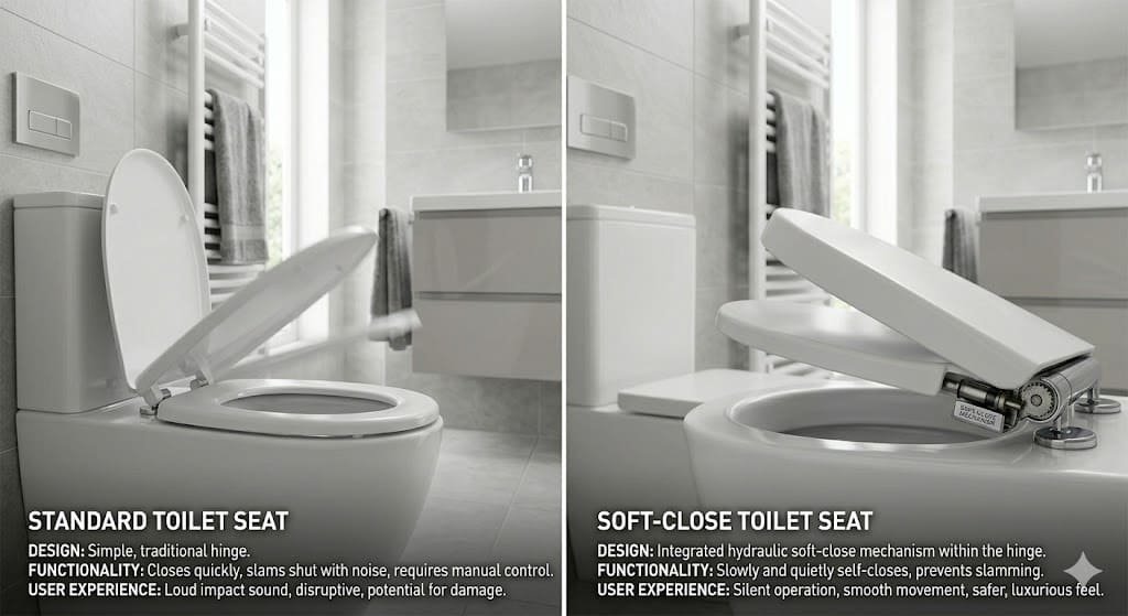 Soft-close toilet seat compared with a standard toilet seat