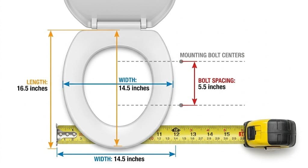 Standard toilet seat dimensions showing length width and bolt spacing
