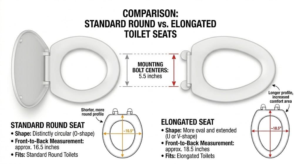 Comparison of standard toilet seat and elongated toilet seat