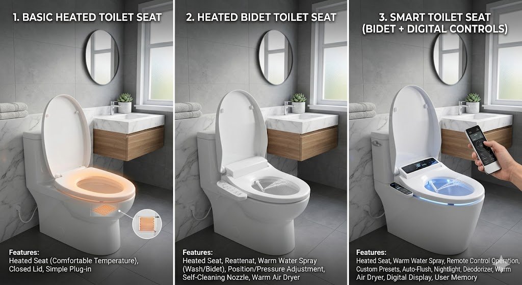 Comparison of basic, bidet, and smart heated toilet seats in a bathroom setting