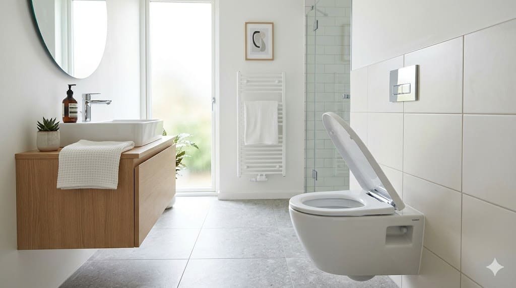 Modern soft-close toilet seat gently closing in a clean contemporary bathroom