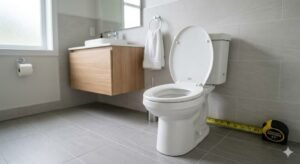What is a standard toilet seat with round shape and standard dimensions in a bathroom