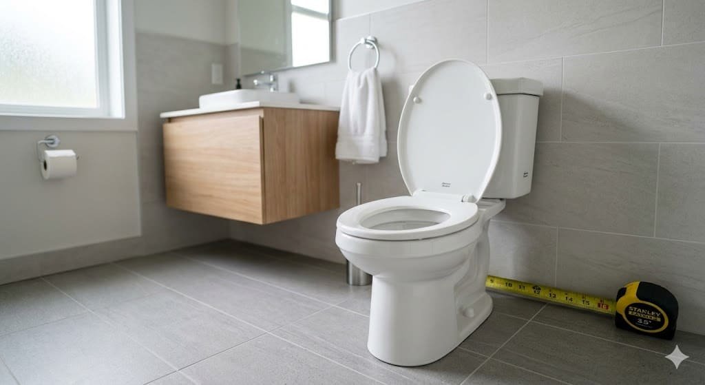 What is a standard toilet seat with round shape and standard dimensions in a bathroom