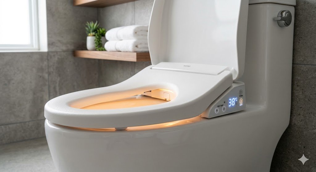 Heated toilet seat installed on modern toilet showing warm seat feature in bathroom
