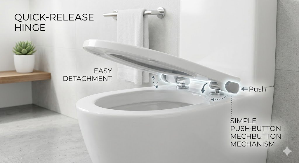 Illustration of a quick-release toilet seat showing removable hinge mechanism in a modern bathroom