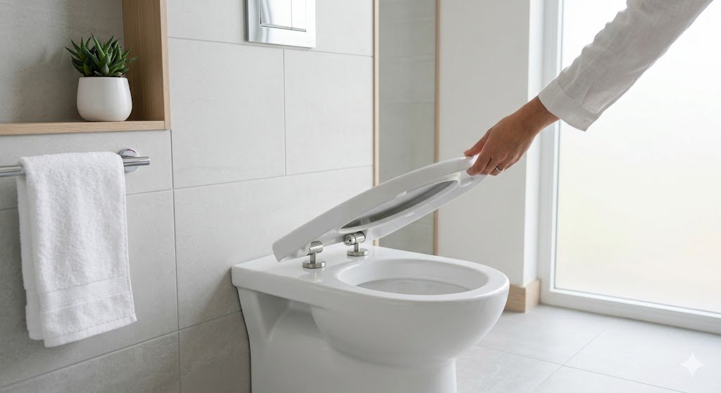 Modern bathroom showing a quick-release toilet seat being detached for easy cleaning