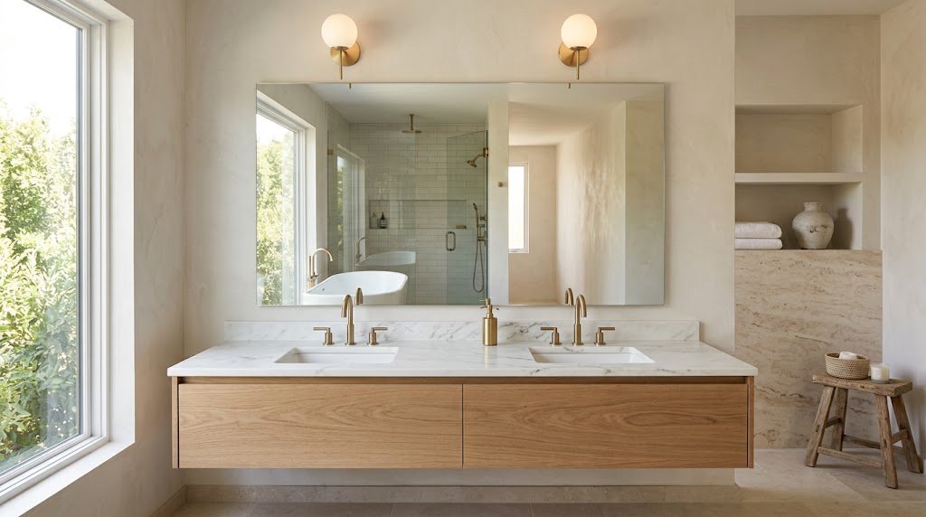 Minimalist bathroom mirror above a simple floating vanity