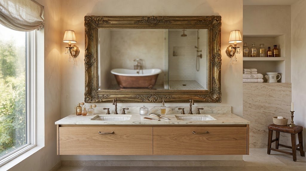 Vintage bathroom mirror with decorative antique-inspired frame