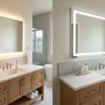 Backlit vs front-lit bathroom mirrors showing rear halo lighting and forward-facing LED illumination in modern vanities.
